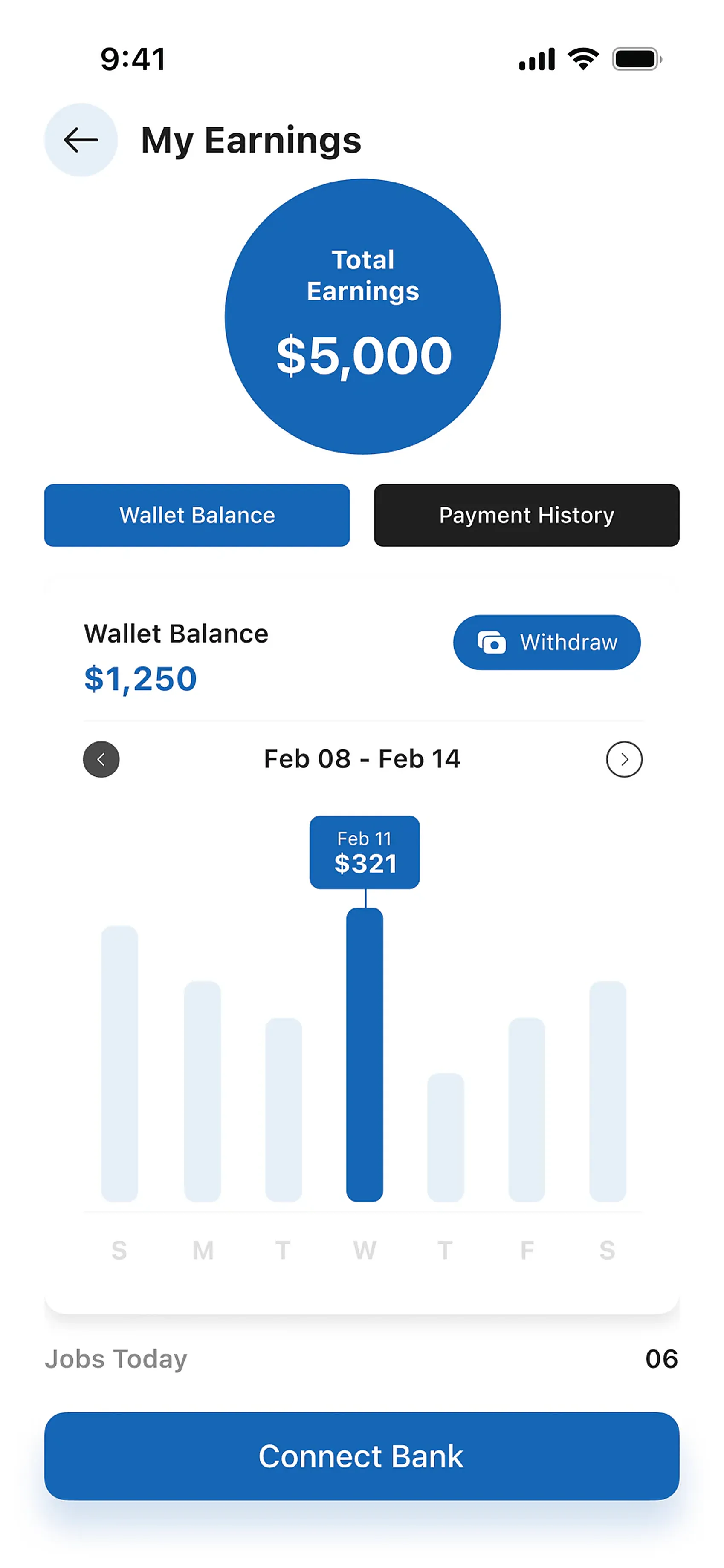 The My Earnings screen with total earnings, wallet balance, payment history, and bank connection
