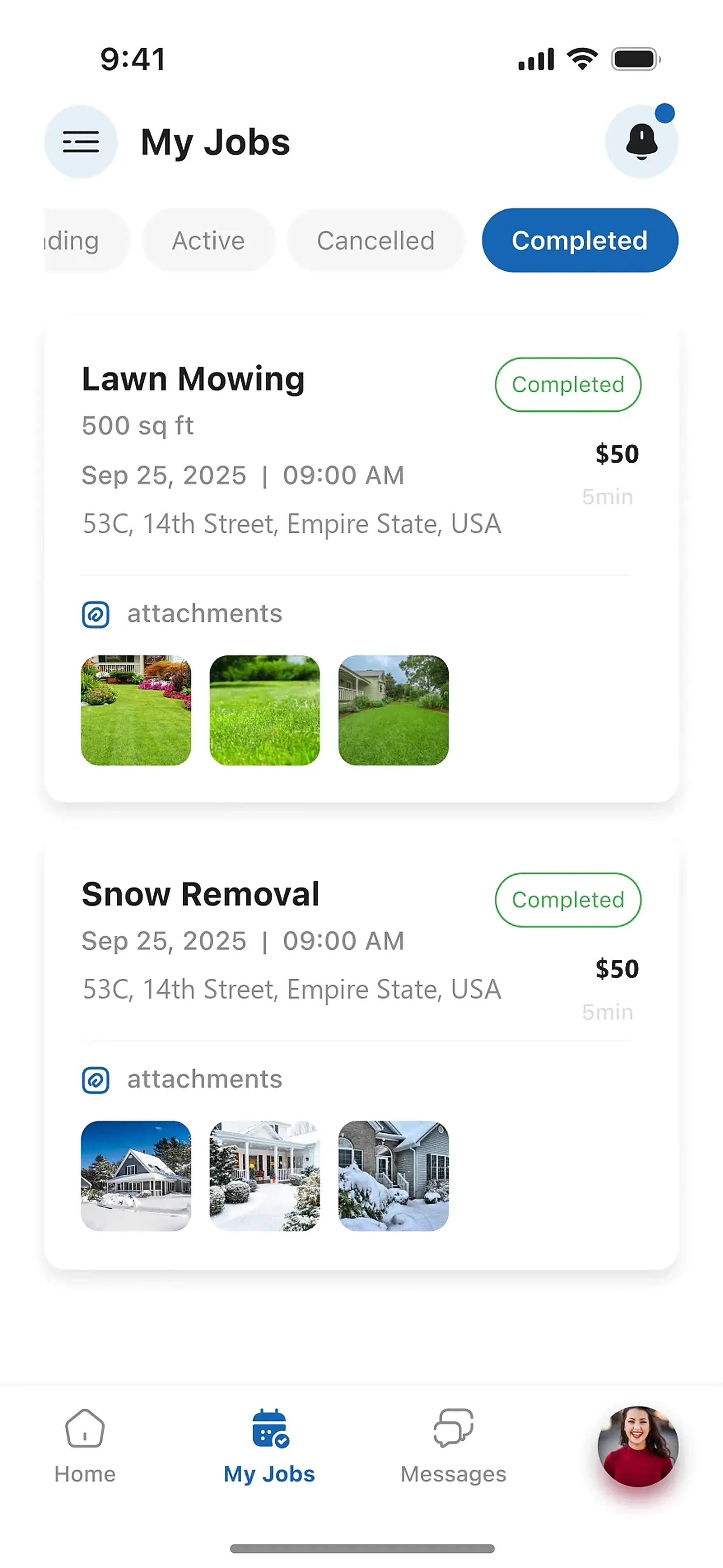 The My Jobs screen: status tabs and job cards with price, date, address, and photos