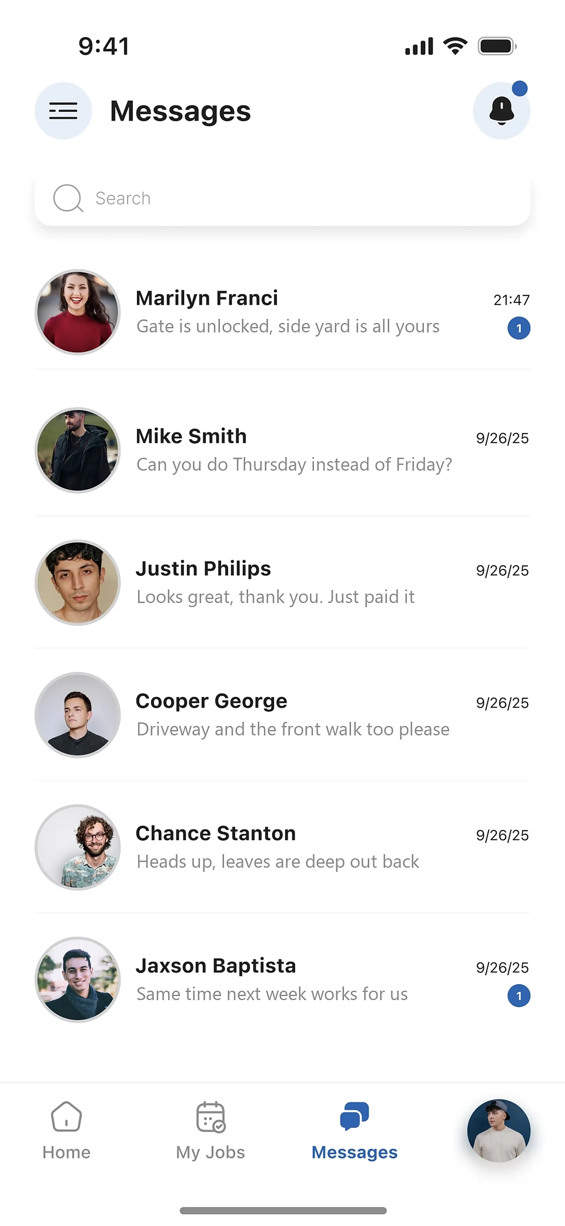 The Messages screen listing conversations with property owners