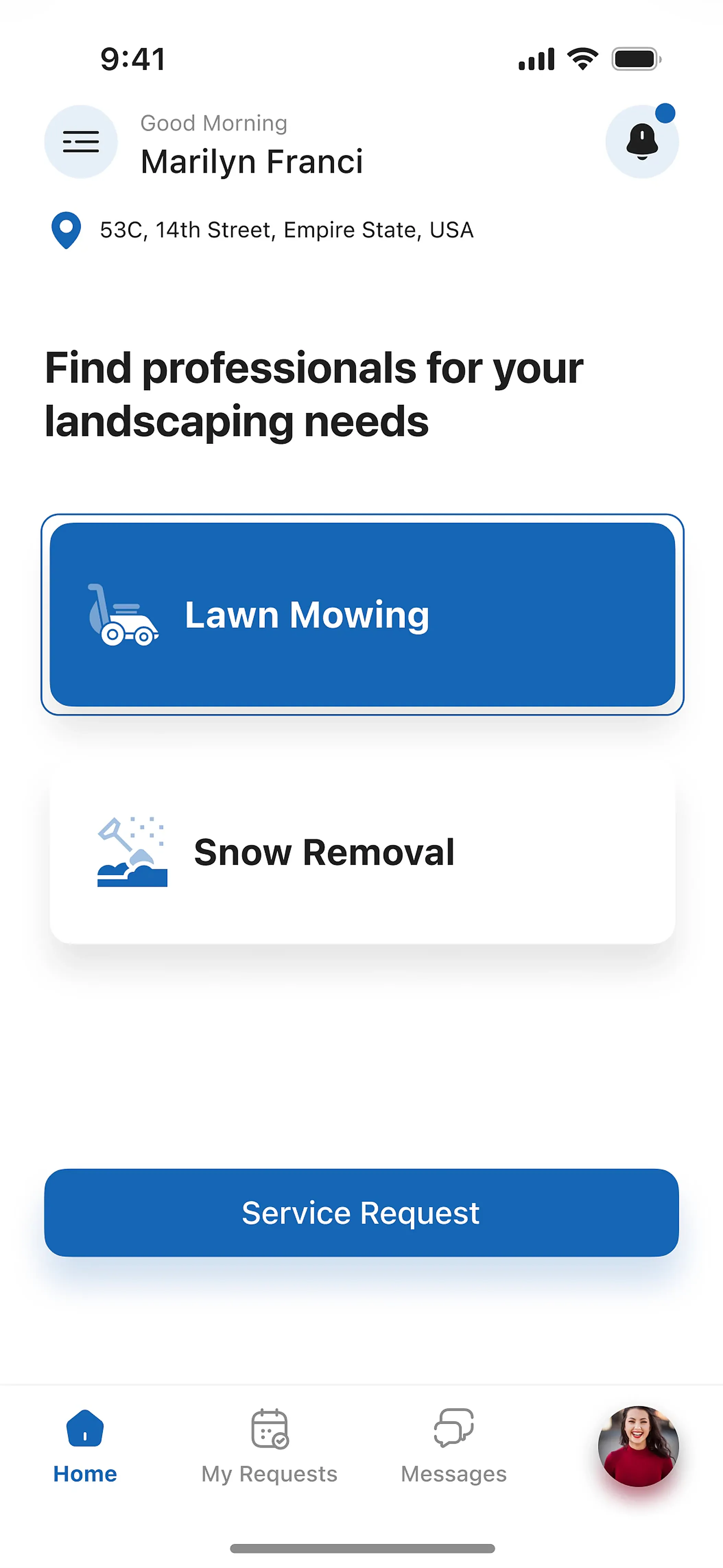 The property-owner home screen with Lawn Mowing and Snow Removal choices