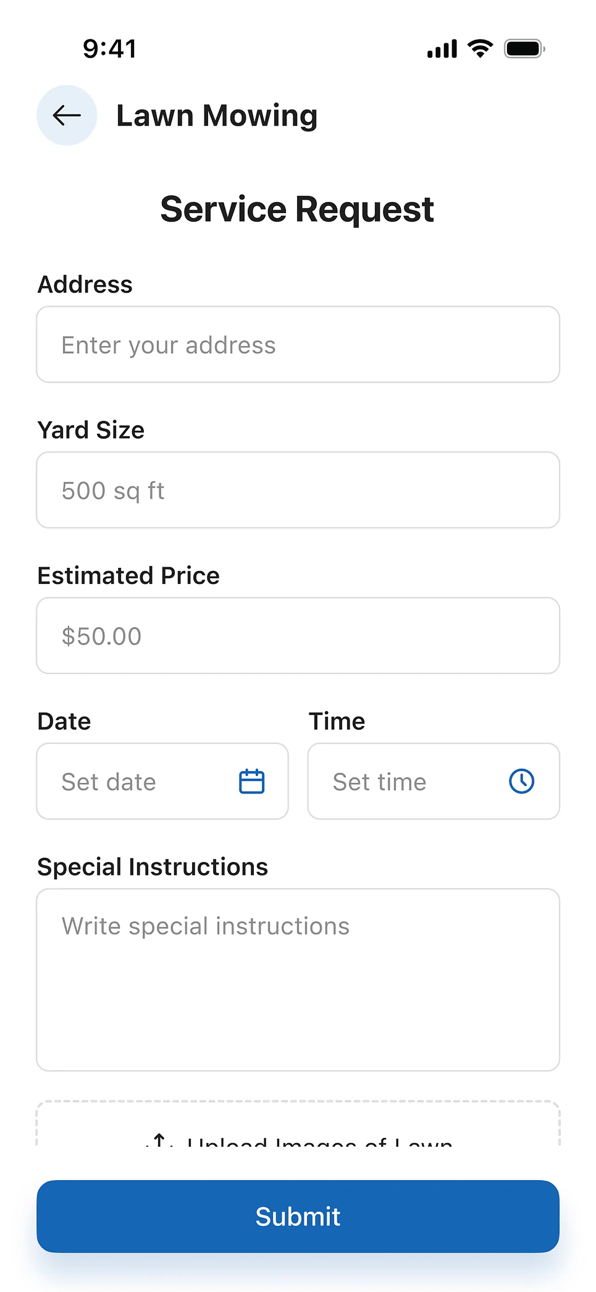 The service request screen: address, yard size, estimated price, date, time, special instructions, and photo upload
